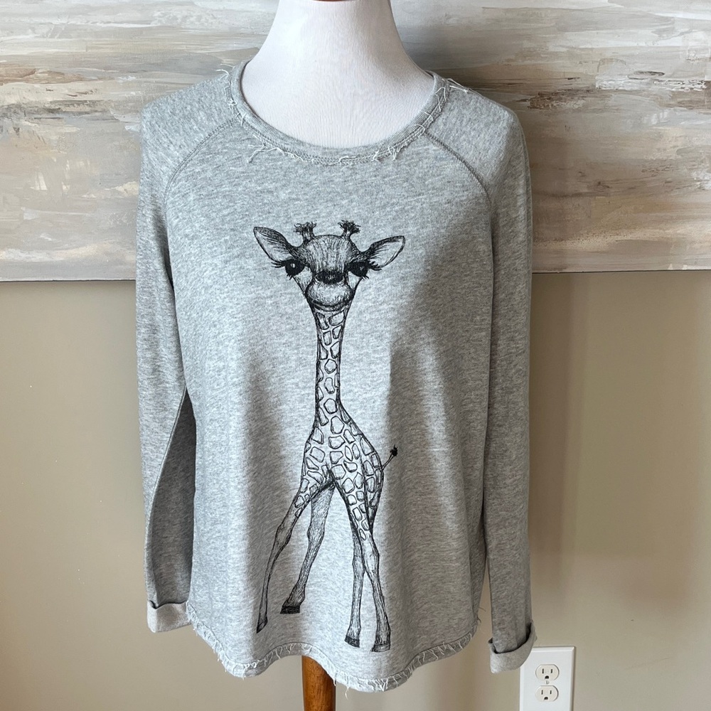 Eric + Lani Gray Sweatshirt with Giraffe Print and distressed details